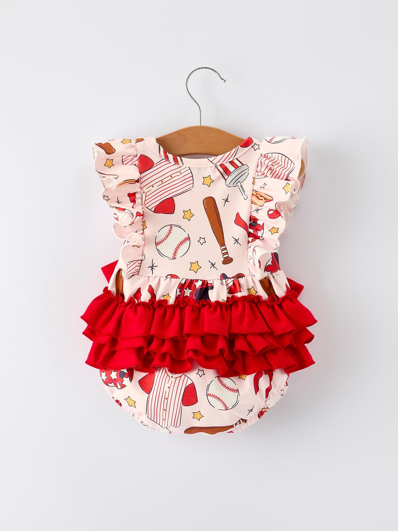 Baby Girl Romper with Red Bows Baseball Print