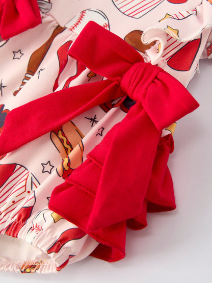 Baby Girl Romper with Red Bows Baseball Print