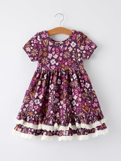 Retro Floral Print Short Sleeve  Girls Dress  with Pockets