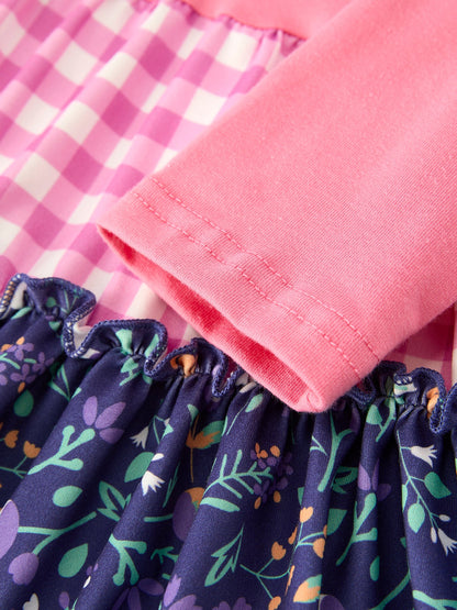 Pink Autumn Patchwork Floral & Plaid Long Sleeve Girls Dress