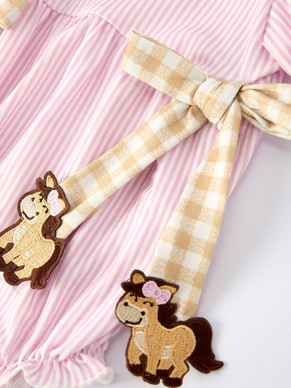 Farm Horse Bow Baby Girls Romper – Pink Plaid