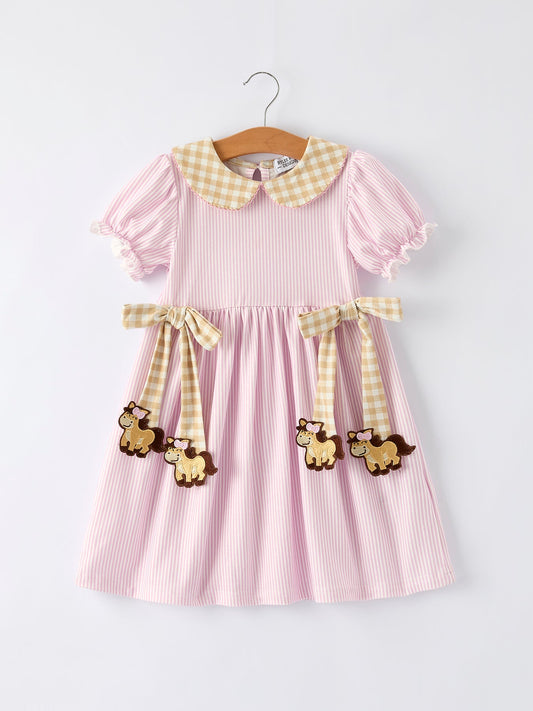 Farm Horse Bow Girls Dress – Pink Stripes