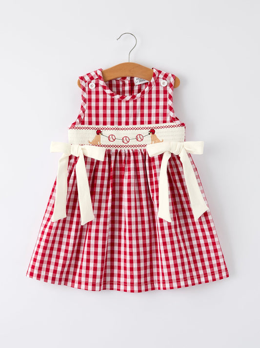 Mommy & Me Girl Dress – Dog Baseball Smocking Embroidery Outfit