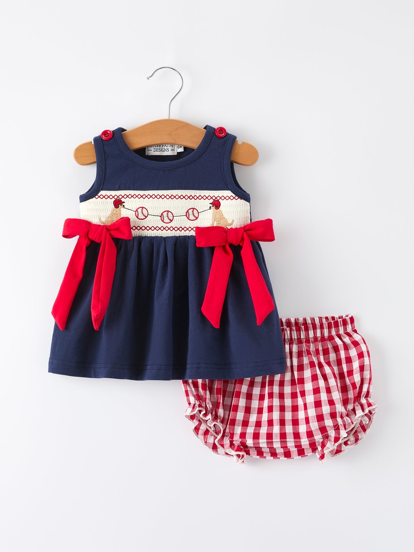 Baby Girls Bloomers Romper Set – Dog Baseball Smocking Embroidery Outfit