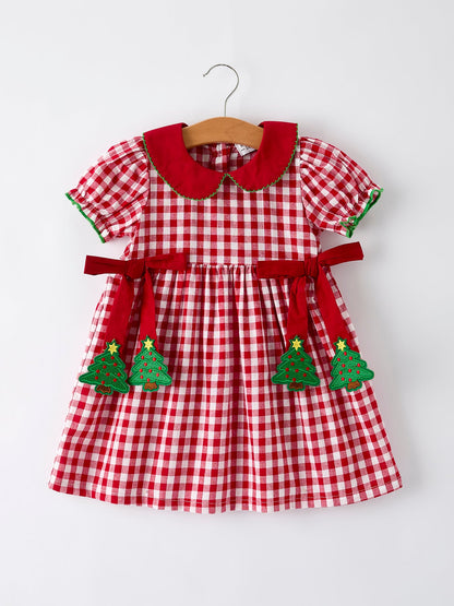 Girls Christmas Outfit – Red Plaid Dress with Tree Bow Accents