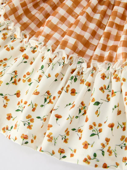 Autumn Patchwork Floral & Plaid Long Sleeve Girls Dress