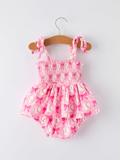 Baby Girl Pink Baseball Bow Print Romper Summer Outfit