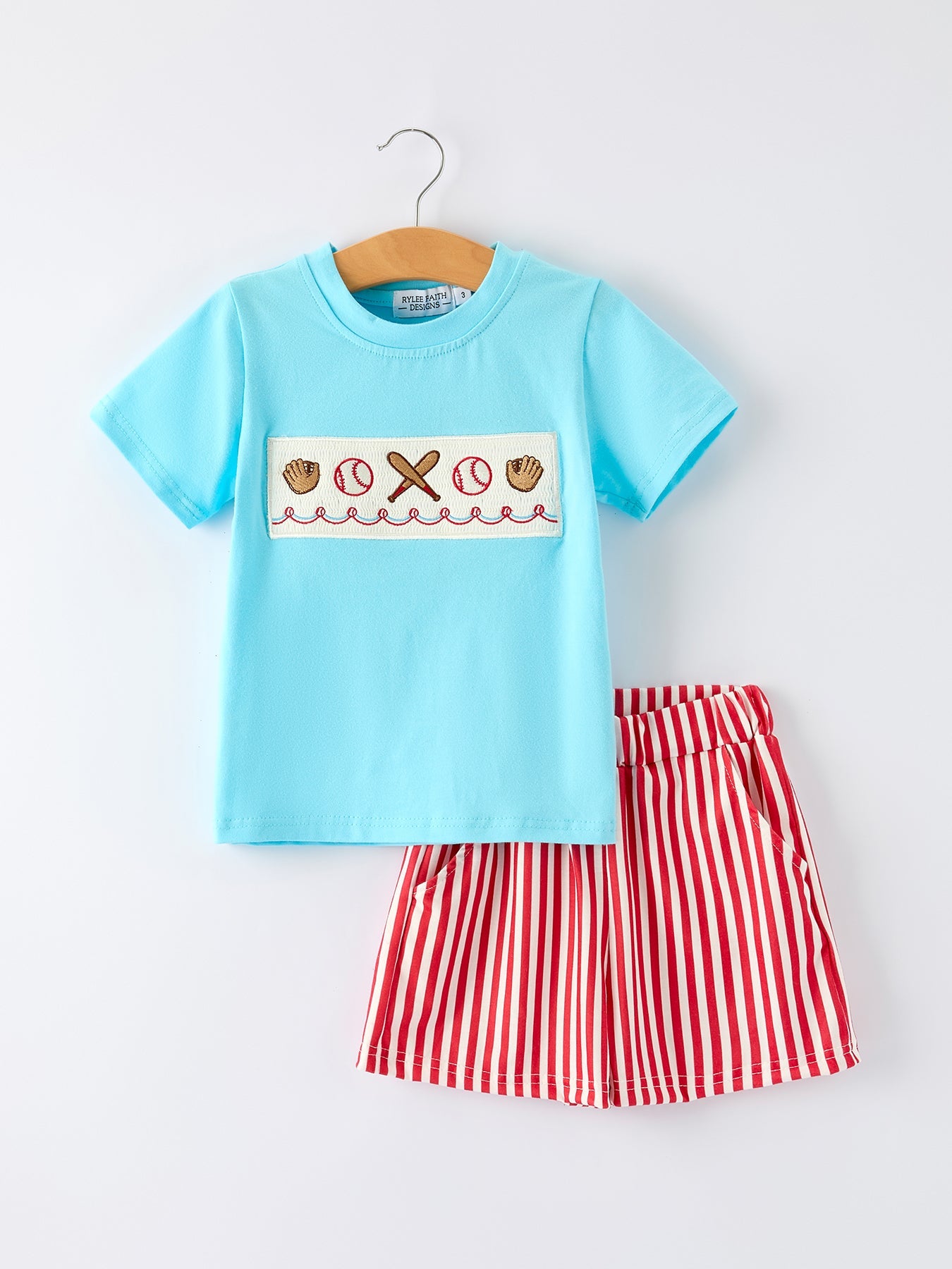 Boys Baseball Embroidery Blue T-shirt and Red Stripe Shorts Set