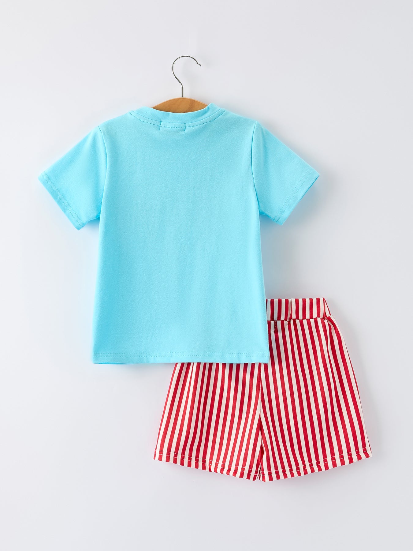 Boys Baseball Embroidery Blue T-shirt and Red Stripe Shorts Set