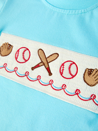 Boys Baseball Embroidery Blue T-shirt and Red Stripe Shorts Set