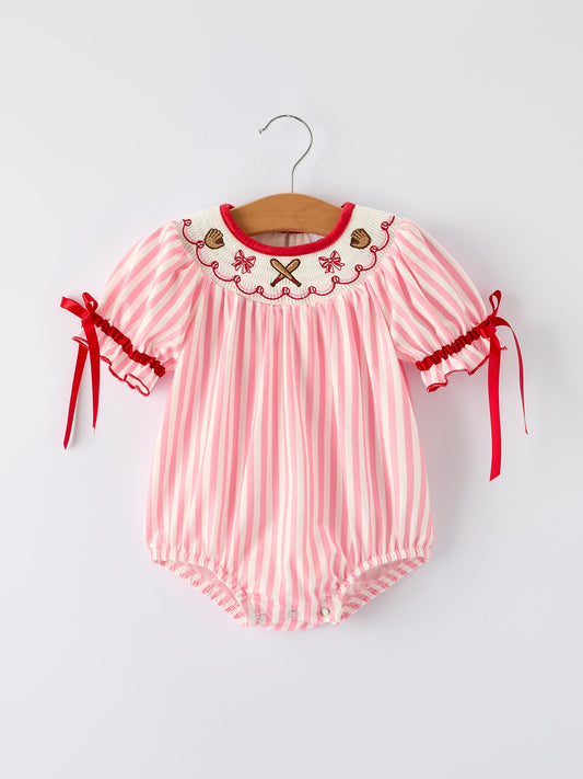 Baby Girls Baseball Embroidery Romper – Pink Stripe Casual Outfit