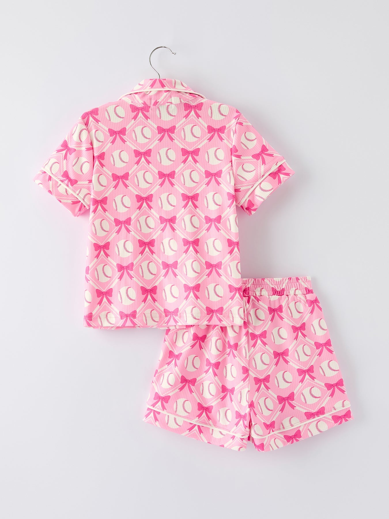 Girls Baseball Bow Print Pajama Set Short Sleeve Pink