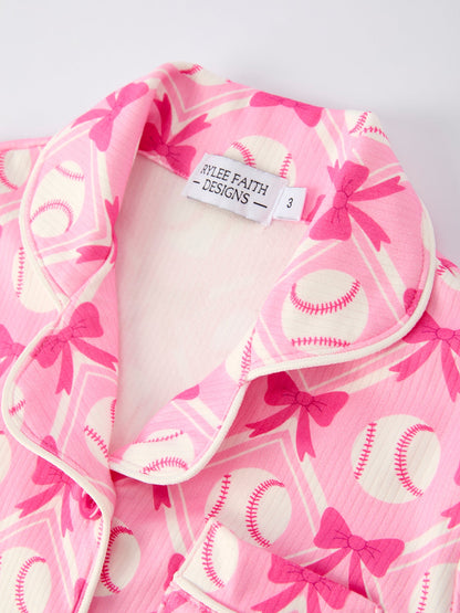 Girls Baseball Bow Print Pajama Set Short Sleeve Pink