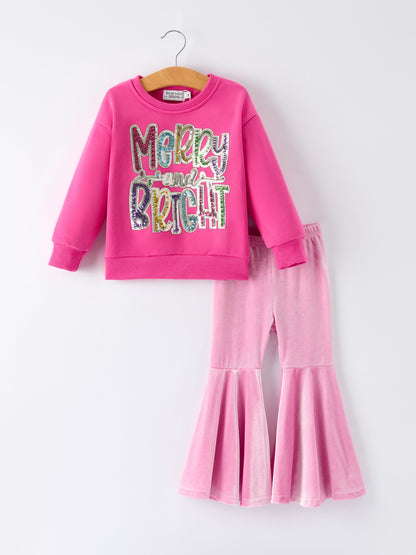 Toddler Girls Christmas Outfit – Pink Merry Bright Top and Bell Pants