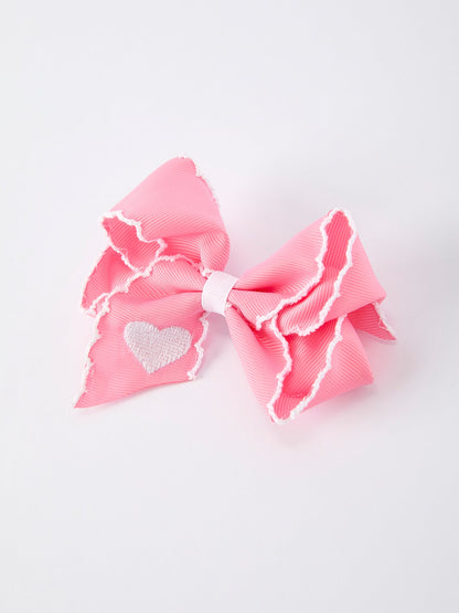 Valentine Cute Pink Bow Hair Clip with White Heart Embroidery for Girls