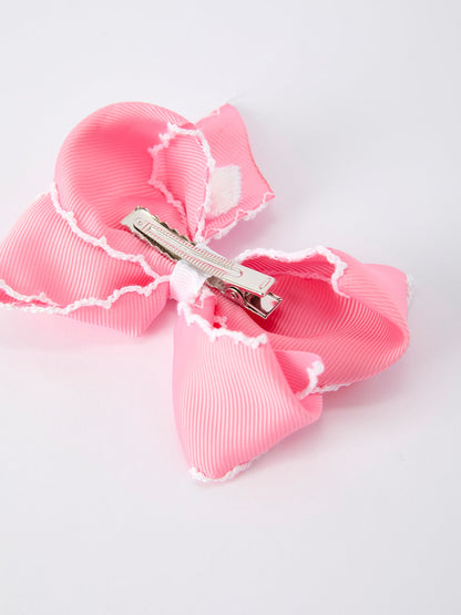 Valentine Cute Pink Bow Hair Clip with White Heart Embroidery for Girls