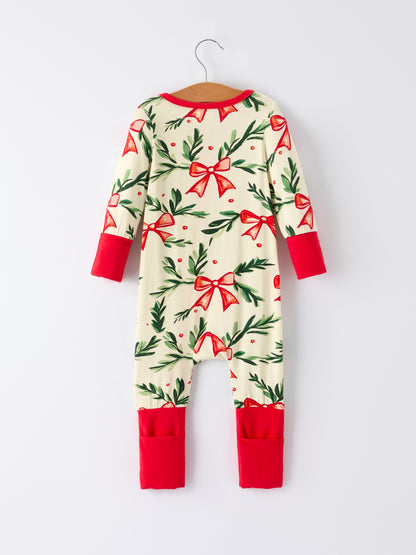Mommy & Me Christmas Bow and Holly Print Pajama Girls Romper