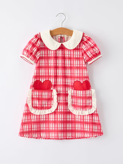 Valentine's Day Plaid Pocket Girls Short Sleeves Dress