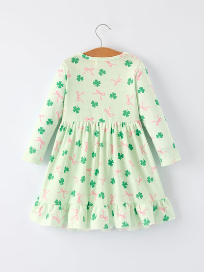St. Patrick's Day Bow Shamrock Print Ruffles Girls Dress