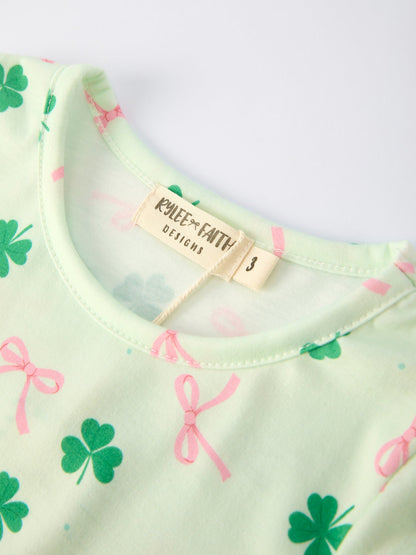 St. Patrick's Day Bow Shamrock Print Ruffles Girls Dress