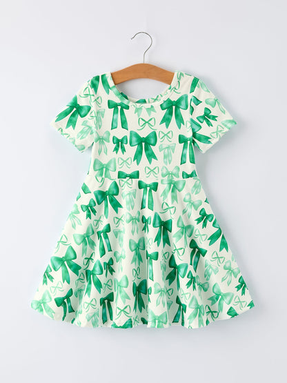 St. Patrick's Day Bow Print  Short Sleeves Girls Dress