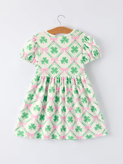 St. Patrick's Day Bow Shamrock Print Short Sleeves Girls Dress