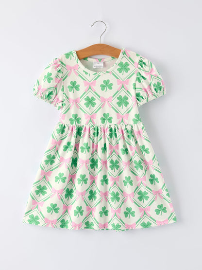 St. Patrick's Day Bow Shamrock Print Short Sleeves Girls Dress