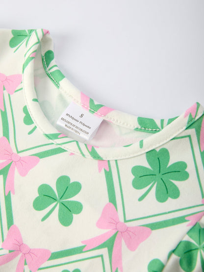 St. Patrick's Day Bow Shamrock Print Short Sleeves Girls Dress