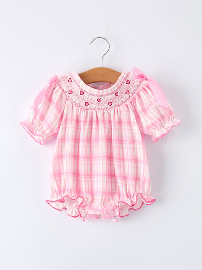 Valentine's Day Pink Plaid Smocked Heart Embroidery Girls Romper