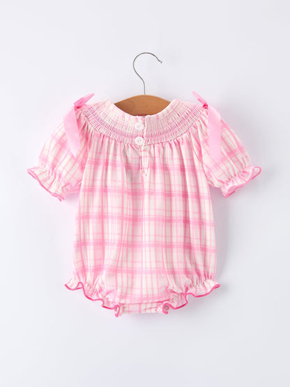 Valentine's Day Pink Plaid Smocked Heart Embroidery Girls Romper