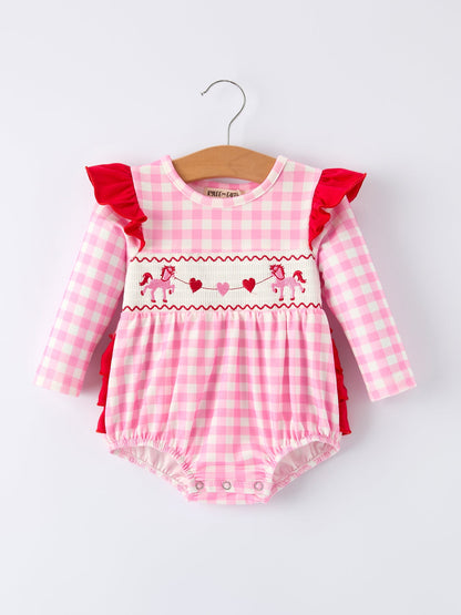 Valentine Pink Plaid Baby Girls Romper with Horse & Heart Smocking