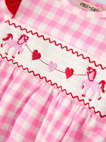 Valentine Pink Plaid Baby Girls Romper with Horse & Heart Smocking