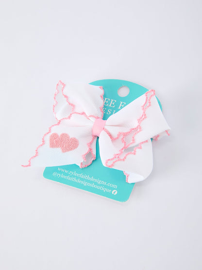 Valentine's Day Heart Embroidered White Girls Bow Hairpin 4 Inch