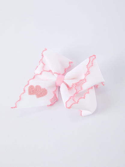 Valentine's Day Heart Embroidered White Girls Bow Hairpin 4 Inch