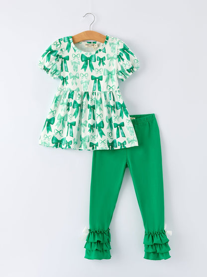 St. Patrick's Day Bow Top and Ruffled Leggings Girls Set