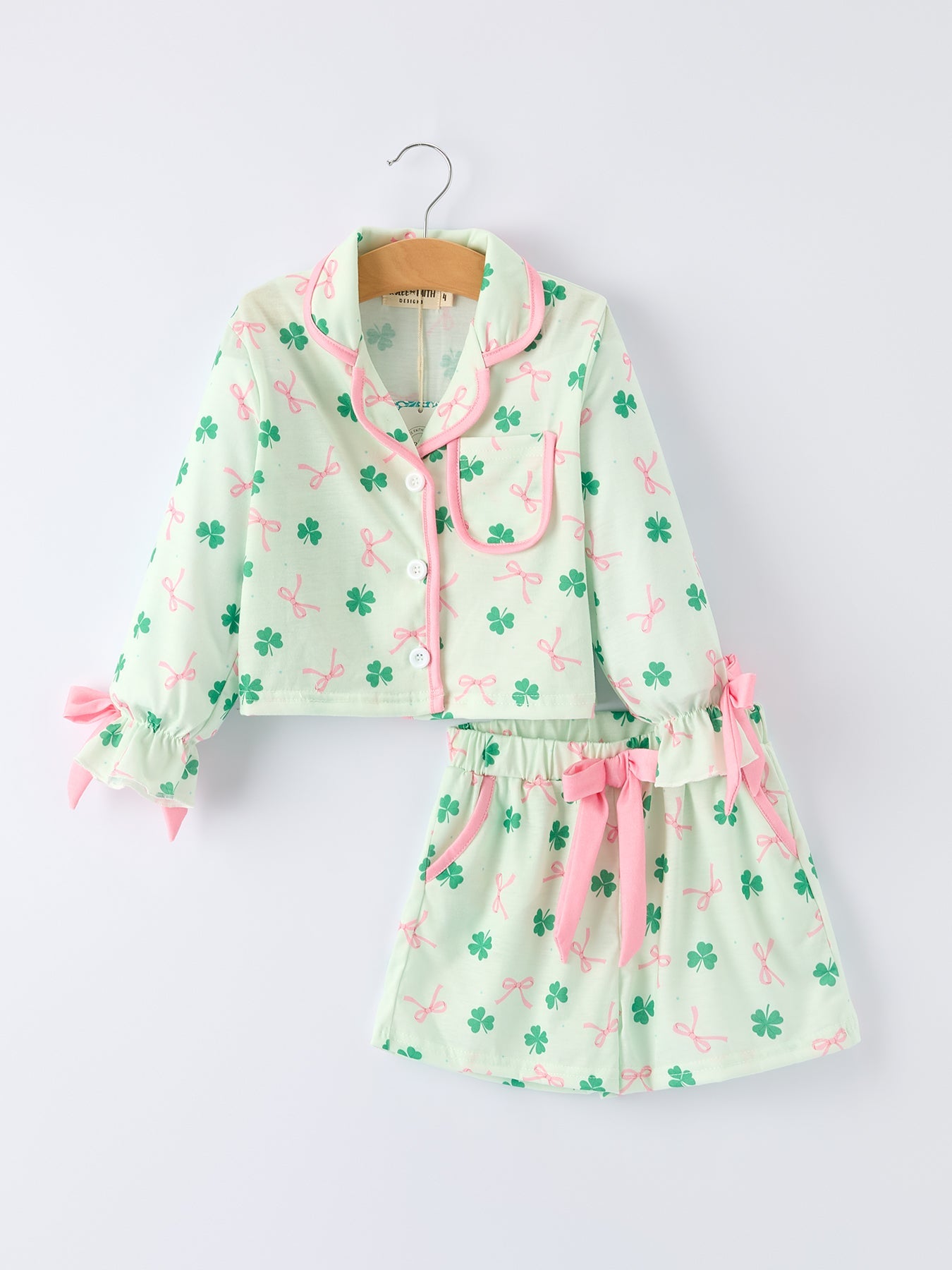 St. Patrick's Day Bow Shamrock Print Ruffles Girls Pajama Set