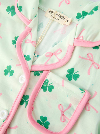 St. Patrick's Day Bow Shamrock Print Ruffles Girls Pajama Set