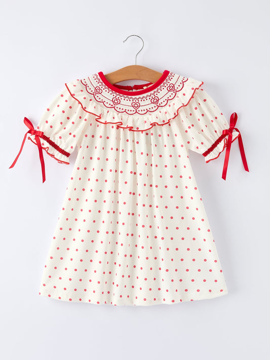 Valentine's Day Polka Dot Girls' Dress with Smocking Embroidery