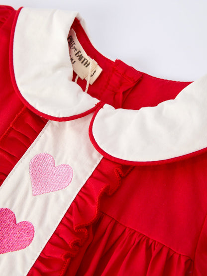 Red Ruffle Heart Embroidered Girls Dress - Valentine Style
