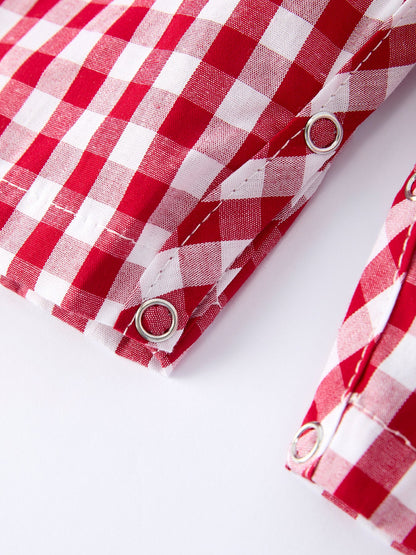 Valentine Red Plaid Boys Romper with Applique Heart Dog Detail