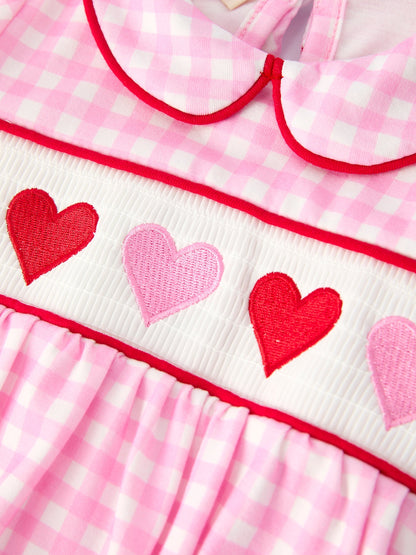 Girls' Valentine's Day Heart-embroidered Plaid Baby Romper