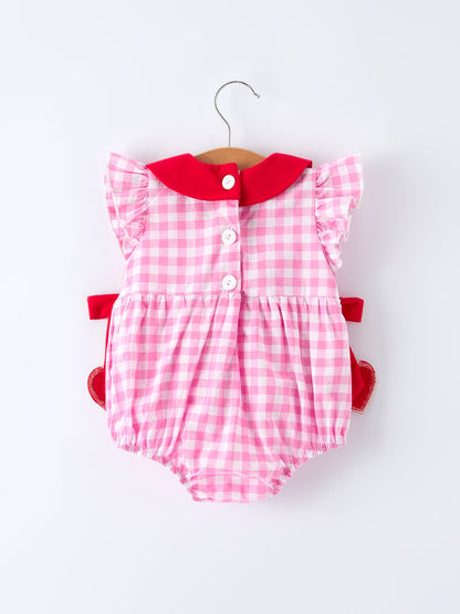 Valentine Pink Plaid Bubble Romper with Red Hearts and Bows