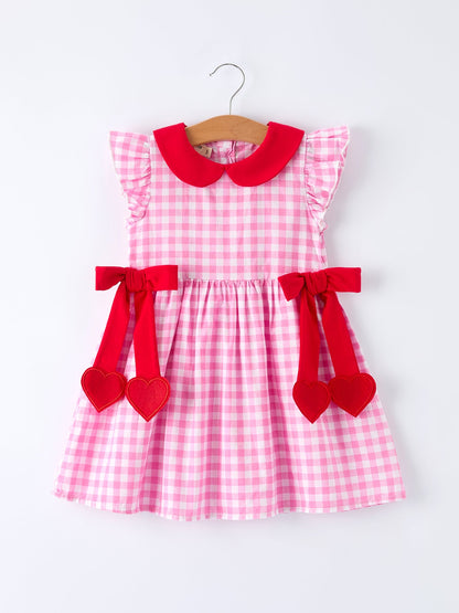 Valentine Pink Plaid Girls Dress with Red Hearts and Bows