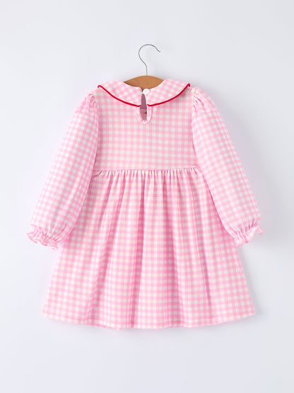 Girls' Valentine's Day Heart Smocking Embroidered Plaid Dress