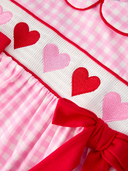 Girls' Valentine's Day Heart Smocking Embroidered Plaid Dress