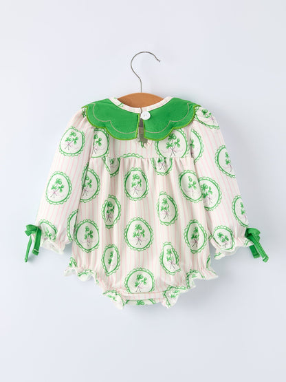 St. Patrick's Day Shamrock Striped Long Sleeve Baby Girl Romper