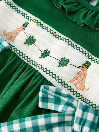 Girls St. Patrick’s Day Shamrock Puppy Smocked Dress
