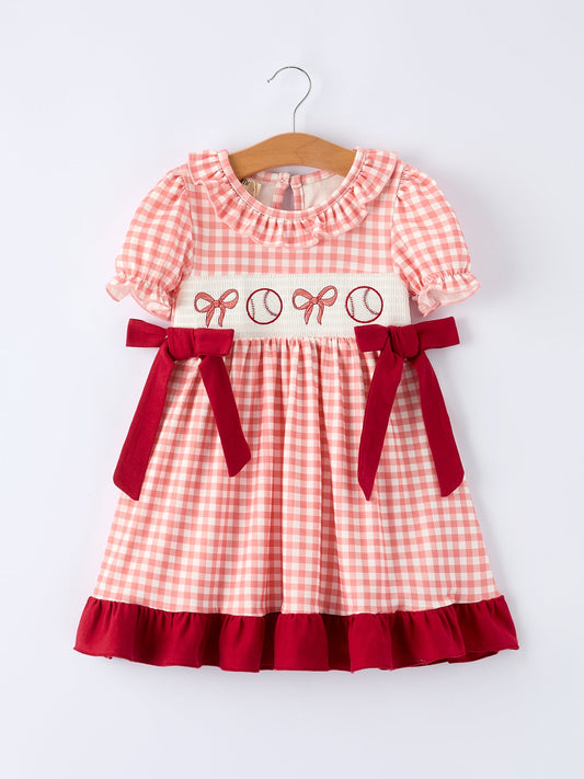 Baseball Embroidery Smocked Ruffle Plaid Girl Dress