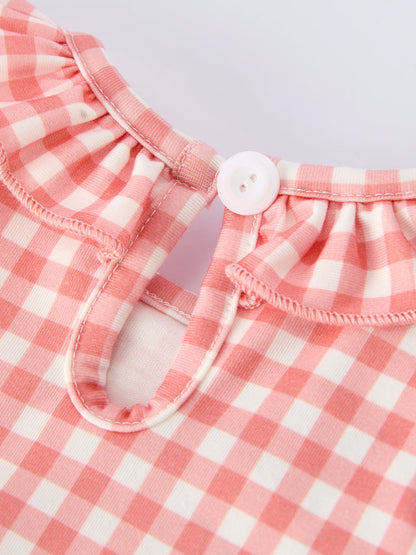 Girls Baseball Bow Smocking Embroidery Plaid Romper