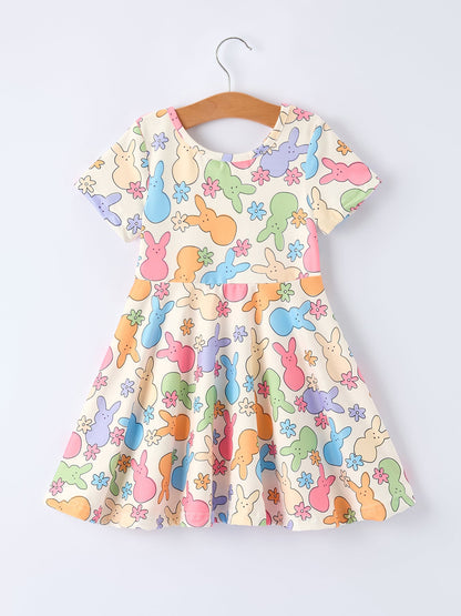 Easter Colorful Bunny Girls Twirl Short-sleeved Dress